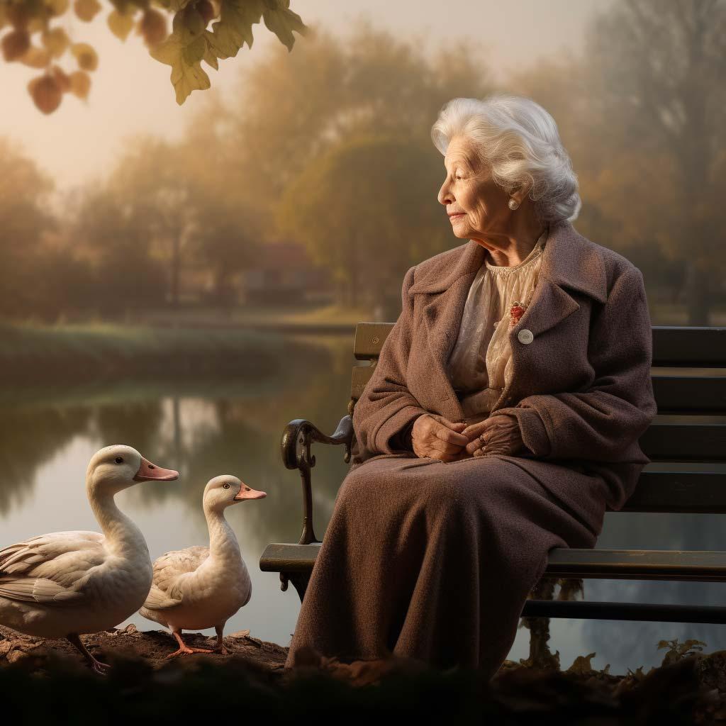 An ultra photorealistic image of a lady by a duck pond